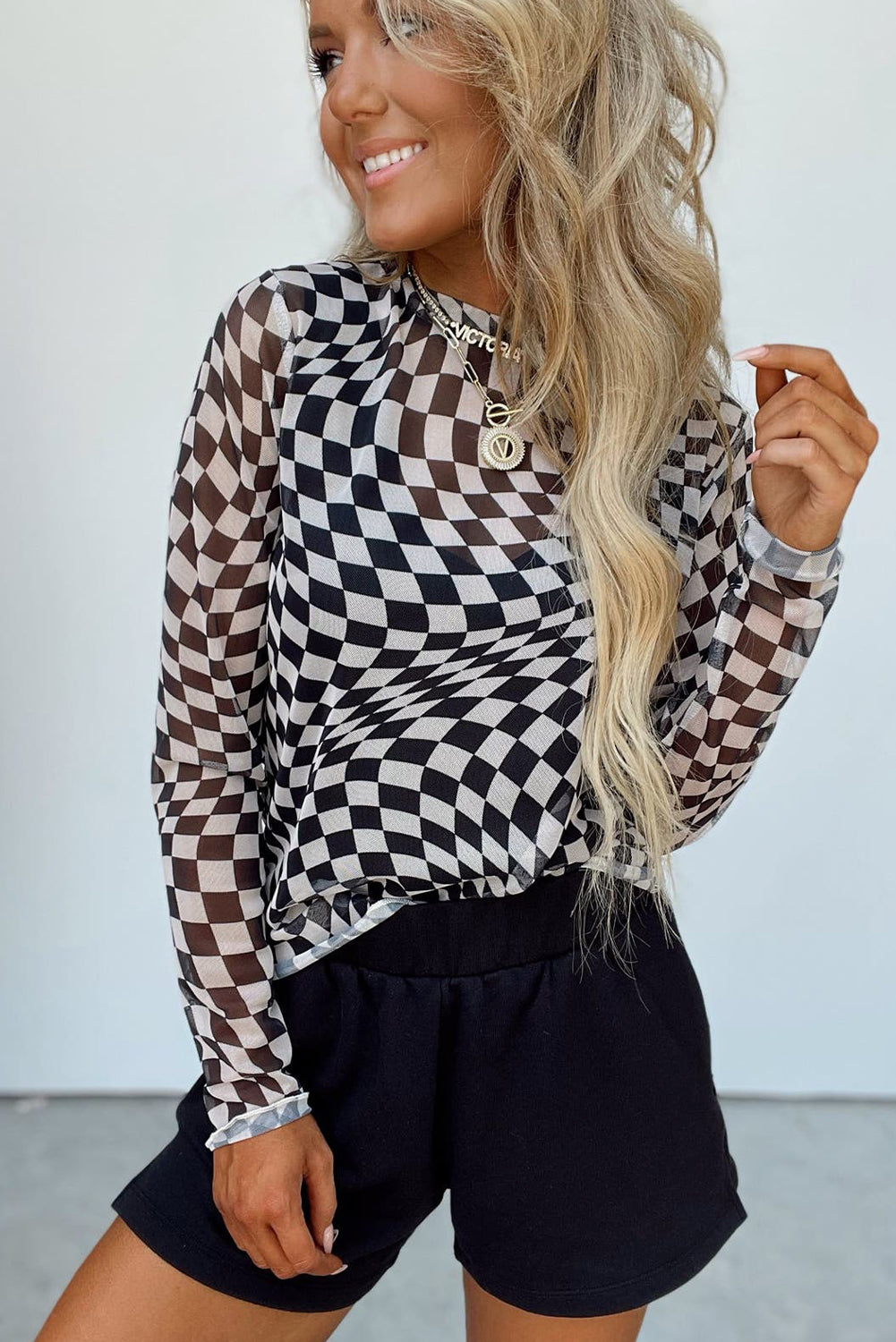 Checkered Pattern Mesh Mock Neck Long Sleeve Top | Black