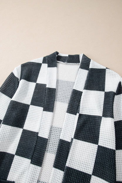 Checkered Waffle Knit Thumbhole Open Front Cardigan | Black