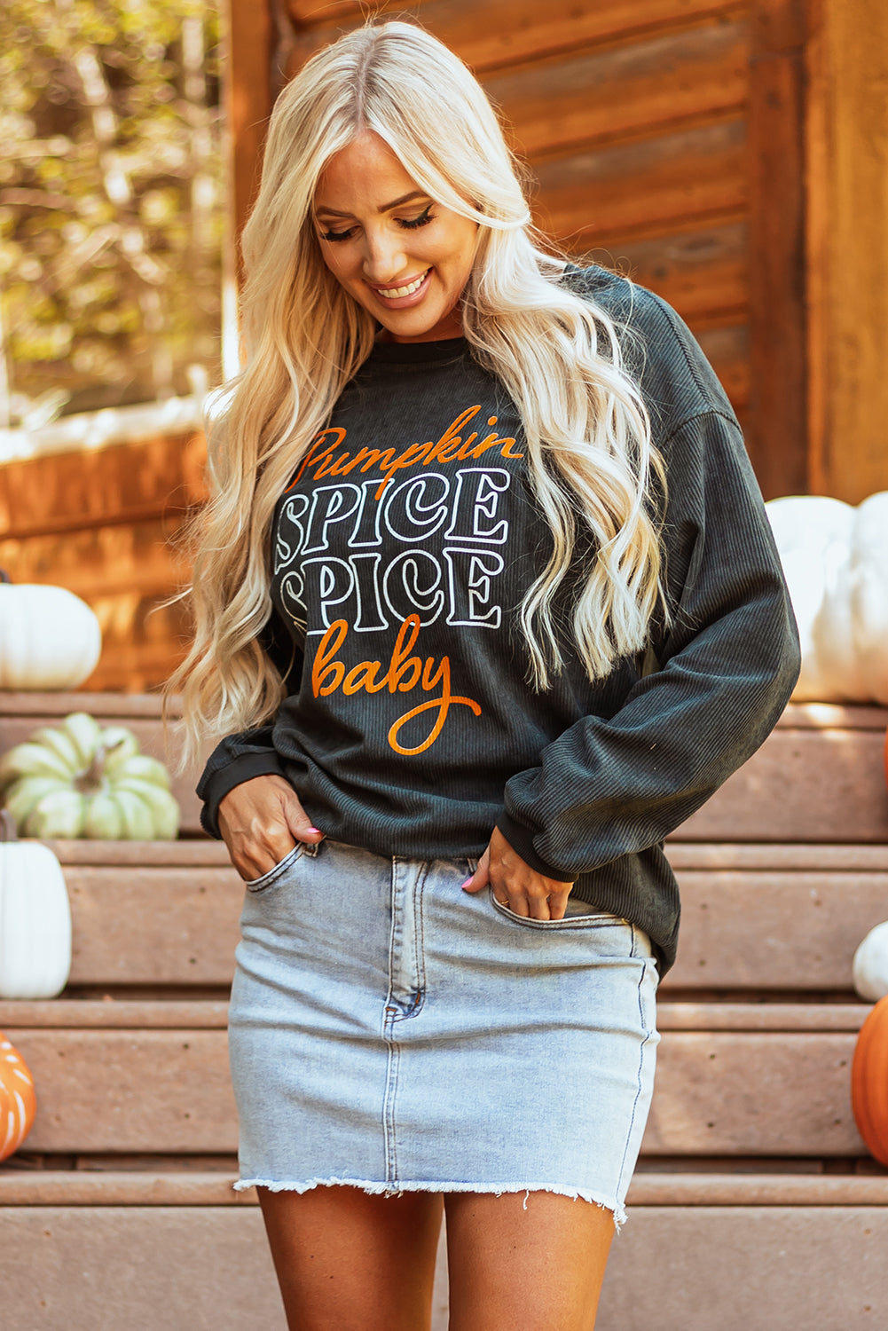 Halloween Pumpkin Spice Baby Graphic Textured Sweatshirt | Dark Grey