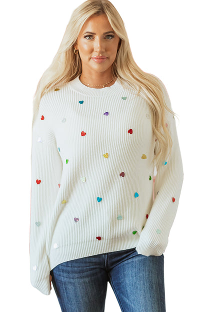 Sequin Heart Shape Waffle Knit Round Neck Sweater | Beige