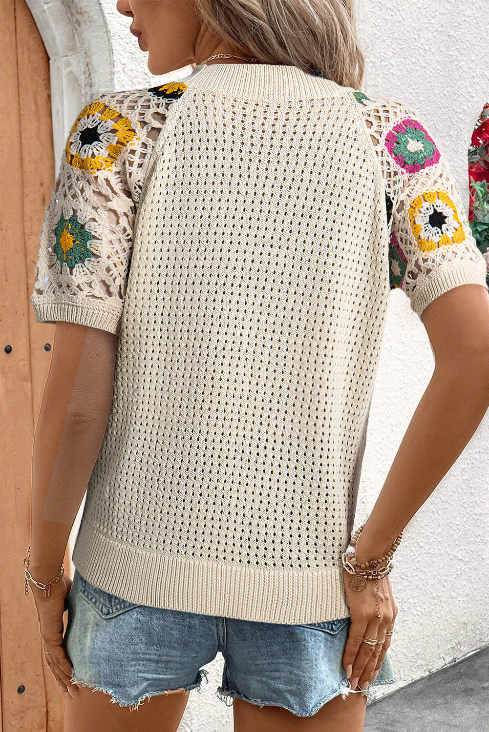 Hollow Out Floral Crochet Short Sleeve Crewneck Sweater | Apricot