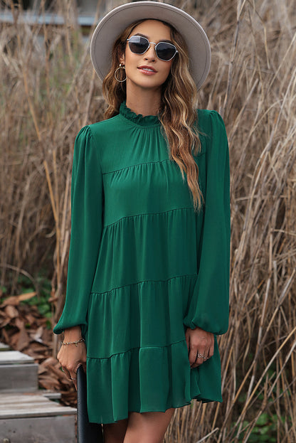 Puff Sleeve Mock Neck Back Knot Tiered Dress | Green