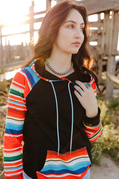 Colourful Striped Patchwork Kangaroo Pocket Hoodie | Multicolour