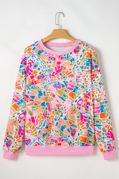 Abstract Printed Drop Shoulder Loose Sweatshirt | Pink