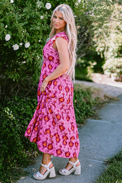 Retro Print Twisted Front Ruffled Sleeve Maxi Dress | Bonbon