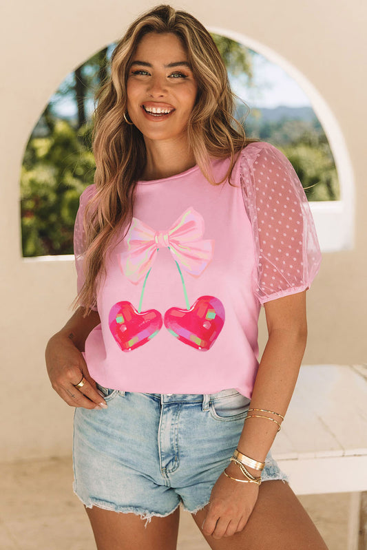 Pink Bow Heart Shape Cherry Print Dotted Mesh Sleeve T Shirt