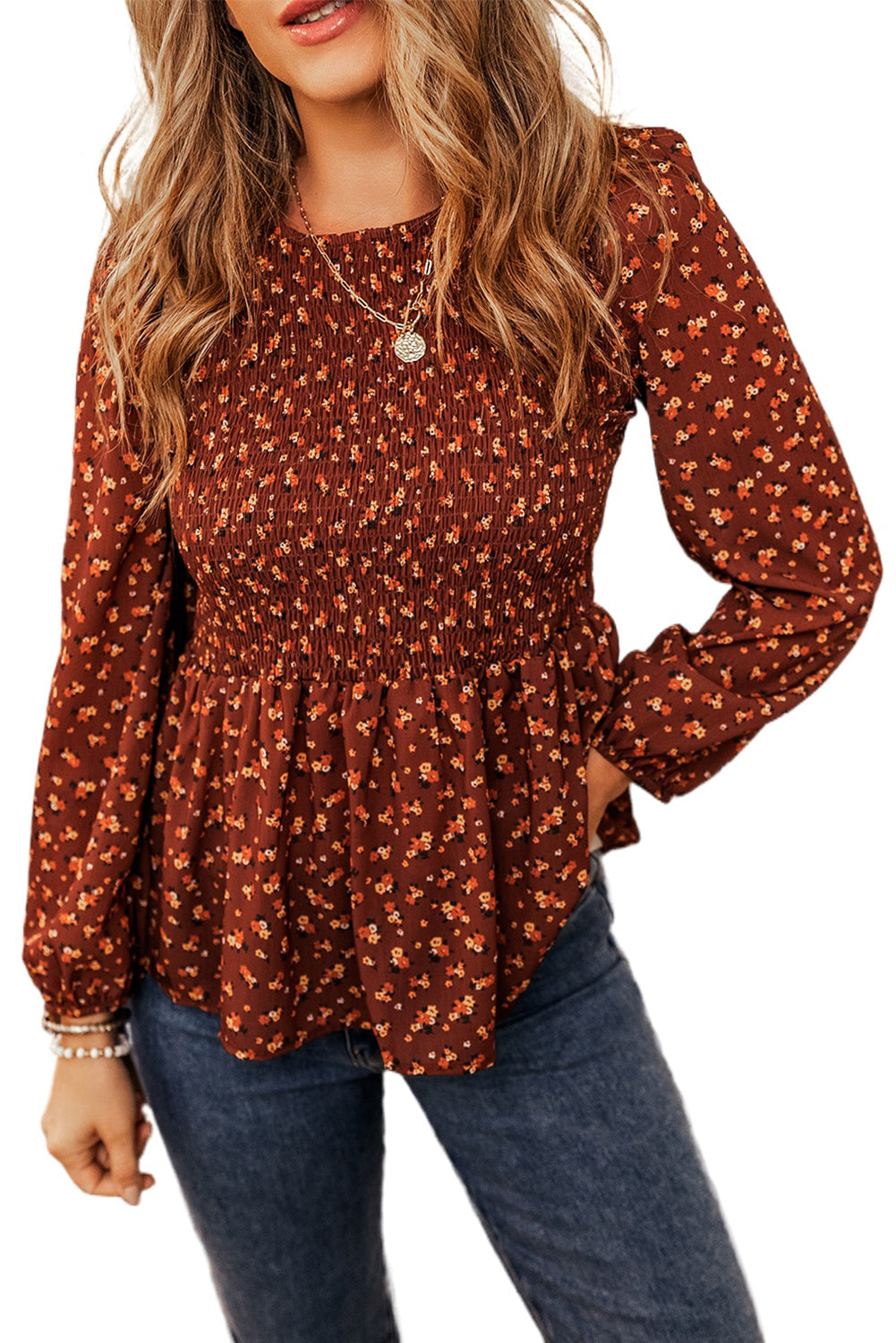 Boho Floral Smocked Bust Ruffled Peplum Blouse | Printed