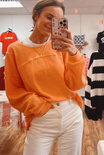 Solid Colour Textured High Low Long Sleeve Top | Grapefruit Orange