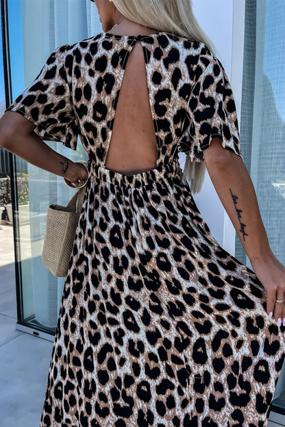 Leopard V Neck Cinched High Waist Open Back Maxi Dress | Khaki