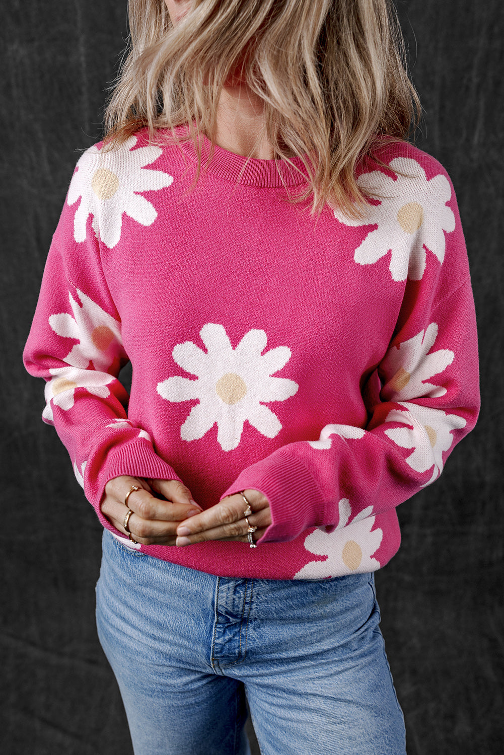 Daisy Flower Crew Neck Long Sleeve Sweater | Bright Pink