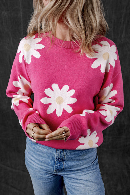 Daisy Flower Crew Neck Long Sleeve Sweater | Bright Pink