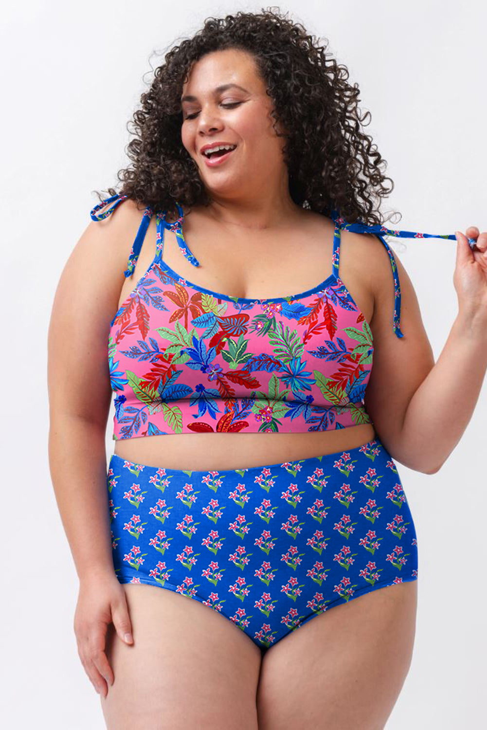 Fashion Print Tied Straps Crop Vest And High Waist Plus Size Bikini | Blue