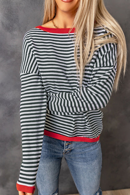 Contrast Trimmed d Drop Shoulder Sweater | Stripe