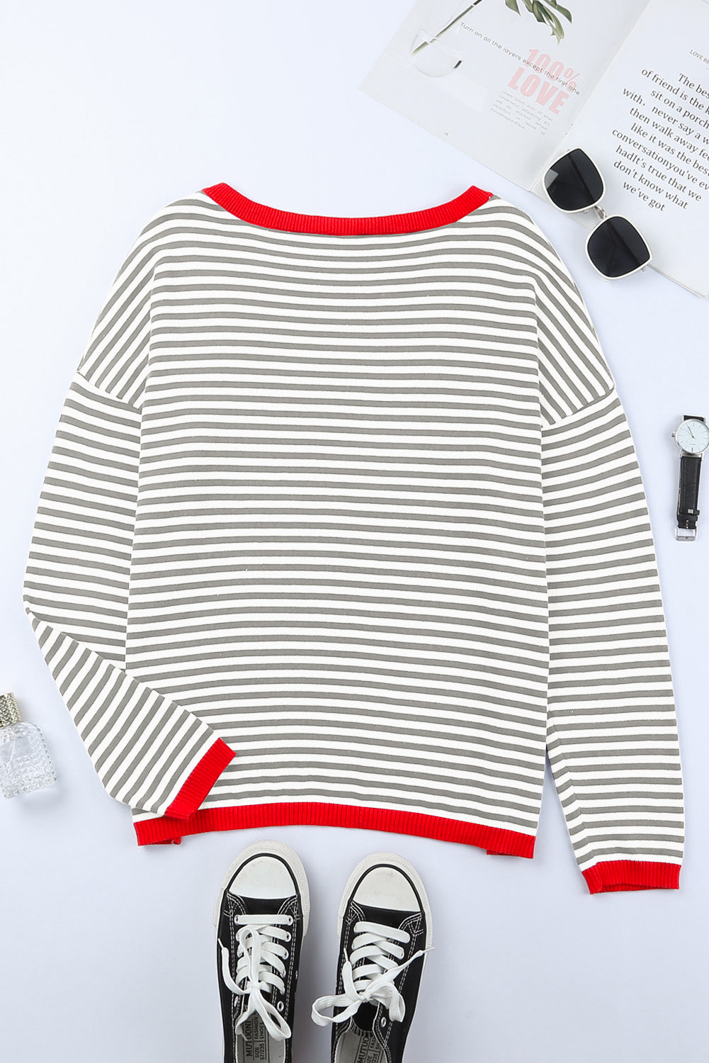 Contrast Trimmed Striped Drop Shoulder Sweater | Gray