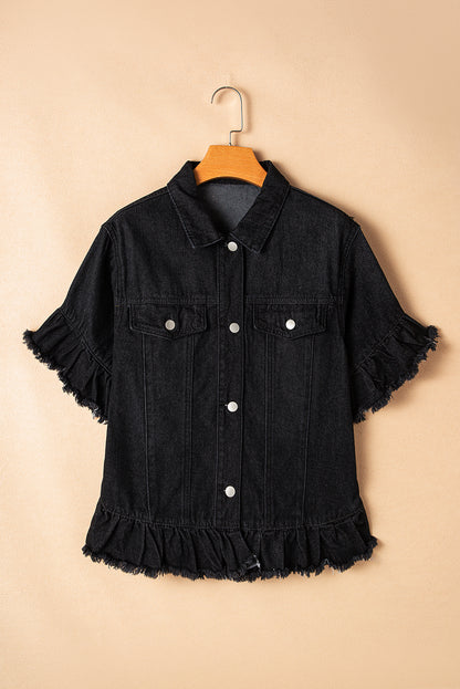 Raw Edge Ruffled Short Sleeve Denim Jacket | Black