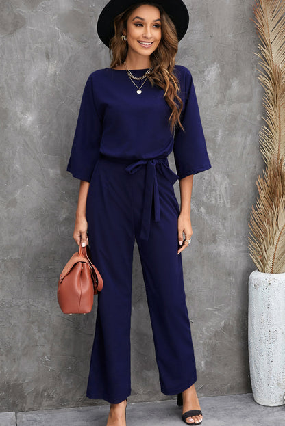 Bracelet Sleeve Waist Tie Wide Leg Jumpsuit | Blue