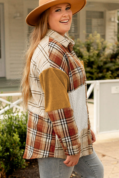 Golden Apricot Plus Size Plaid Patchwork Button Up Shacket | Gold Brick