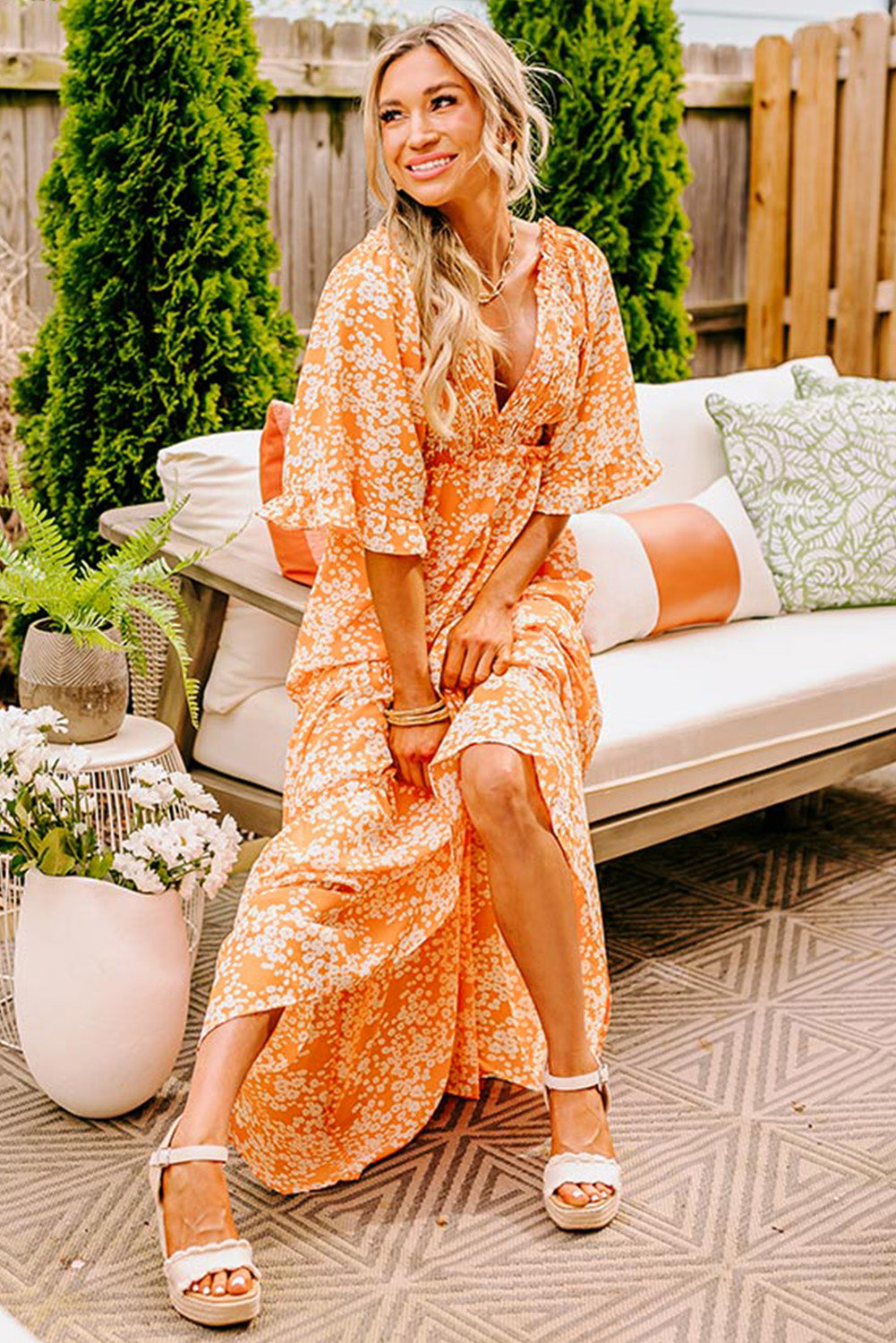 Floral Print Smocked V Neck Wide Sleeve Maxi Dress | Orange