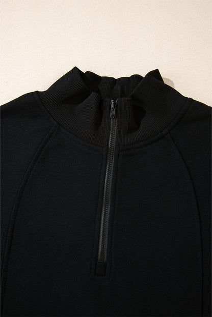 Zipped Neck Pullover Drop Shoulder Sweatshirt | Black