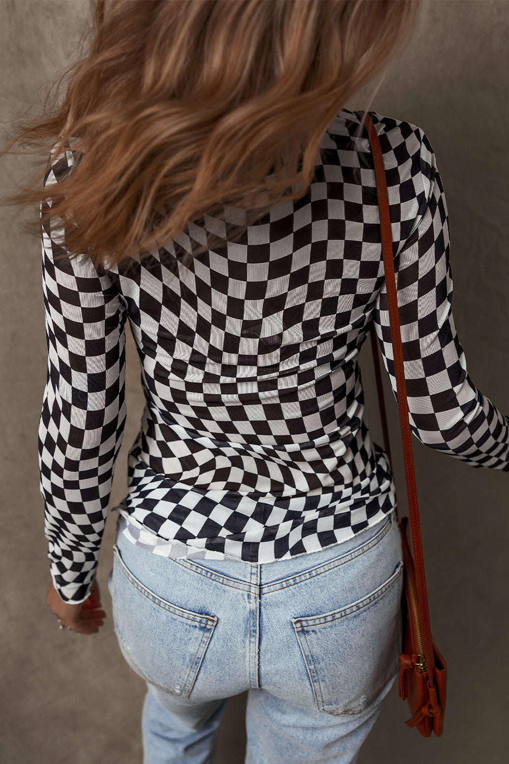 Checkered Pattern Mesh Mock Neck Long Sleeve Top | Black