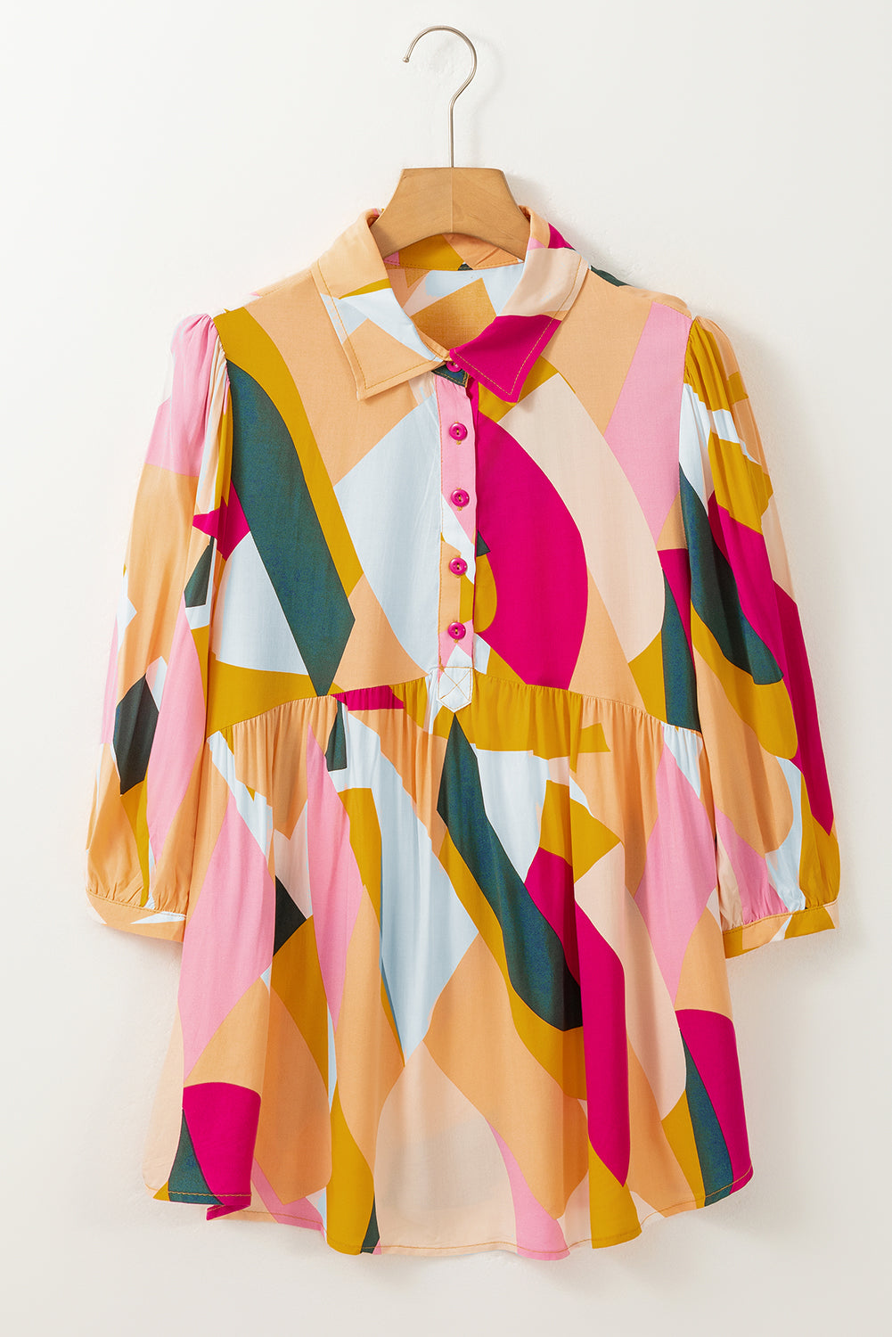 Geometric Print Bracelet Sleeve Henley Blouse | Multicolour