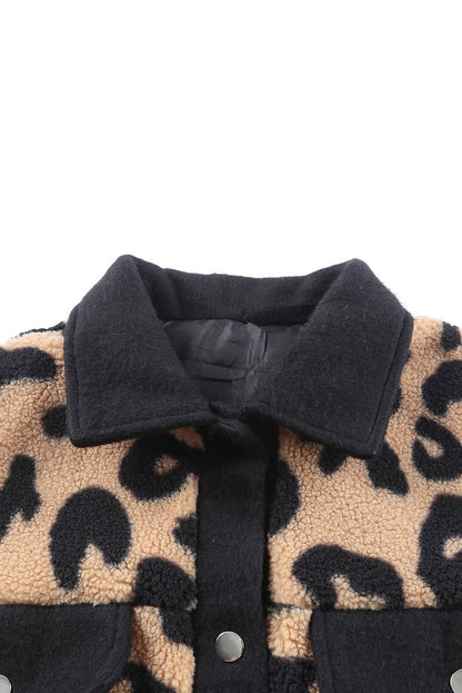 Contrast Trimmed Leopard Teddy Shacket | Black