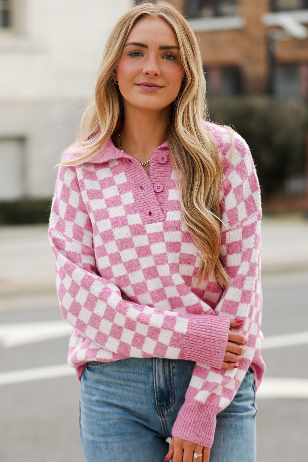 Checkered Buttons Collar V Neck Drop Shoulder Sweater | Pink