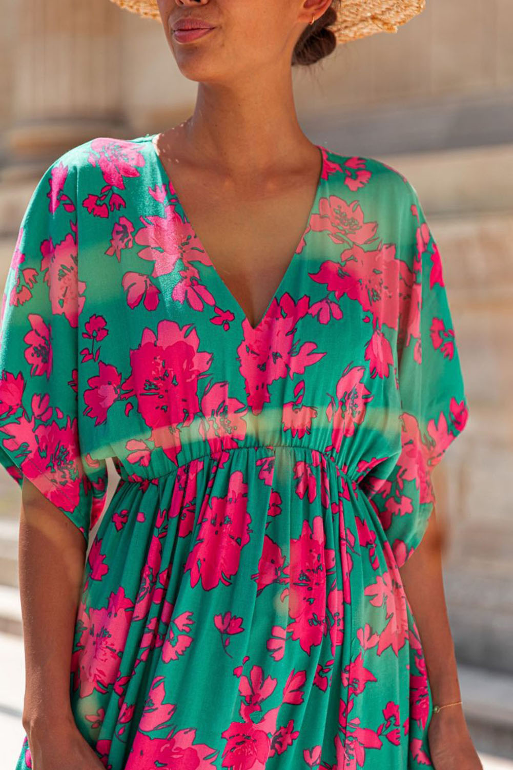 Printed V Neck Short Sleeve Split Flared Maxi Dress | Sea Green