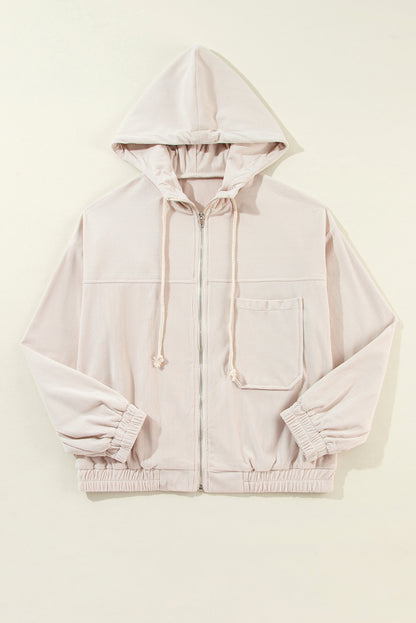 Corduroy Drawstring Hooded Pocket Zip Up Jacket | White