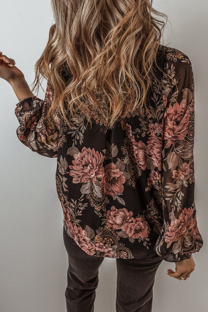 Floral Print Criss Cross V Neck Balloon Sleeve Blouse | Black