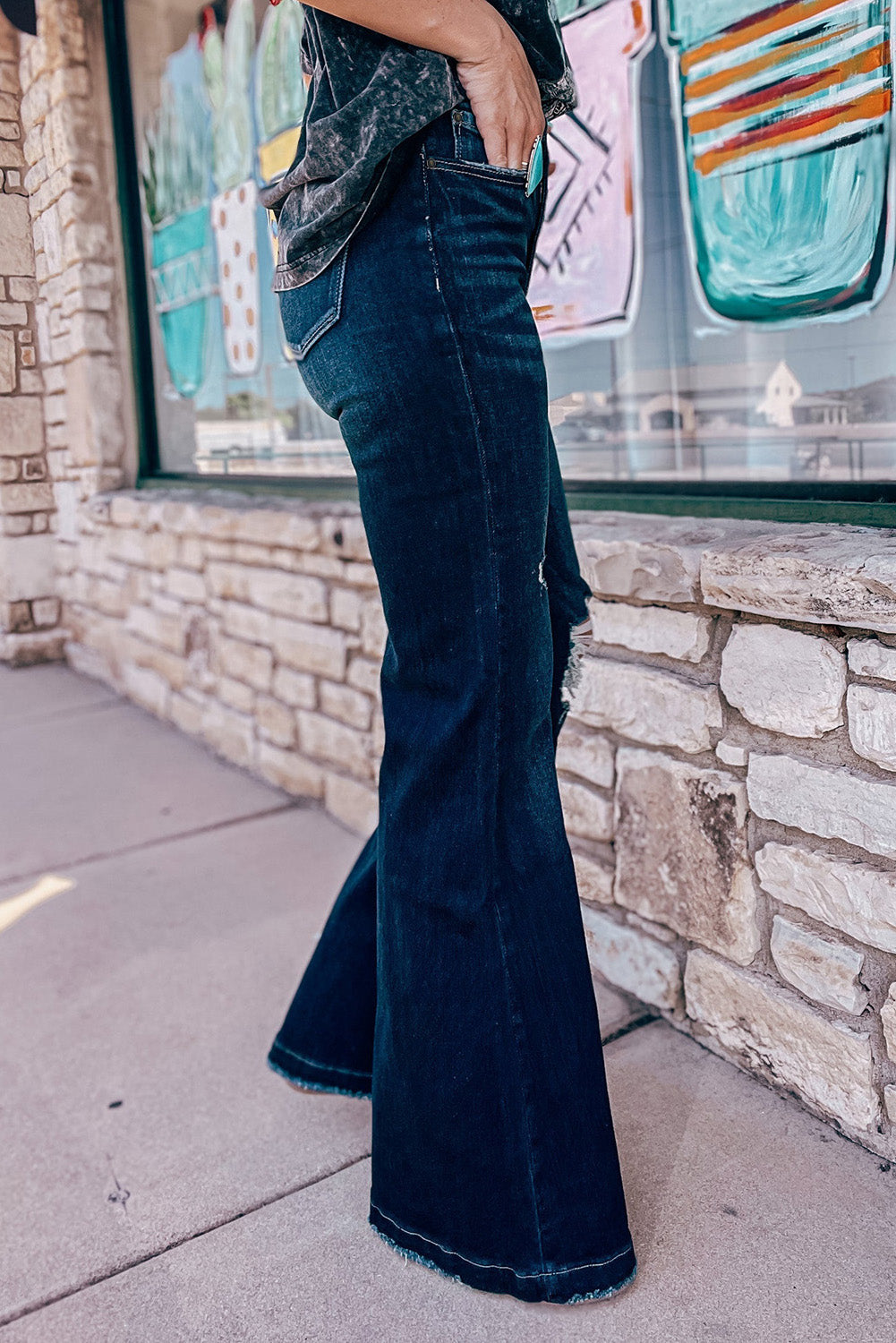 High Rise Ripped Bell Bottom Jeans | Real Teal