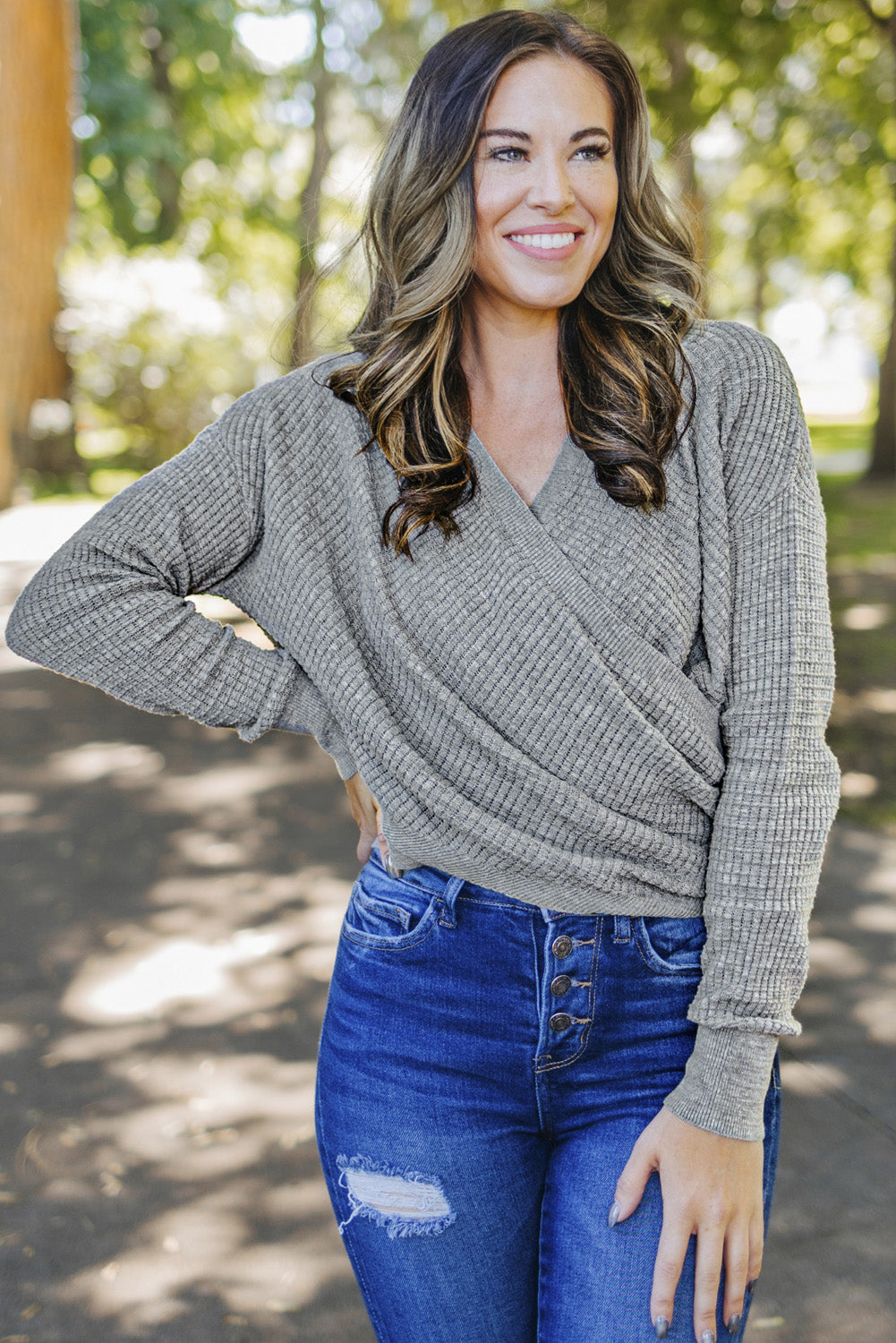 Wrap V Neck Waffle Sweater | Gray