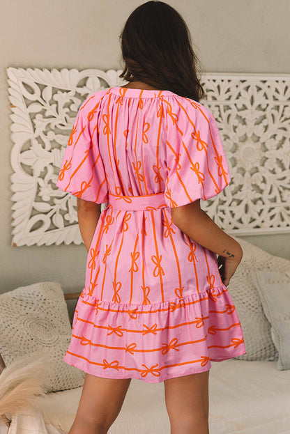 Bowknot Striped Printed Bubble Sleeve Buttoned Belted Mini Dress | Pink