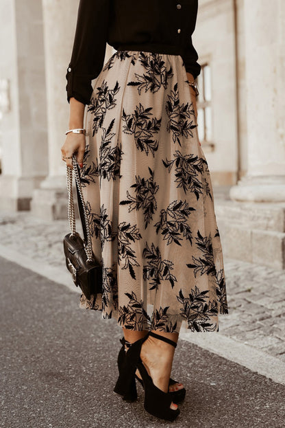 Floral Leaves Embroidered High Waist Maxi Skirt | Apricot