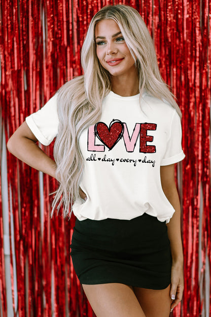 Valentine Love Heart Shape Crew Neck Graphic Tee | White