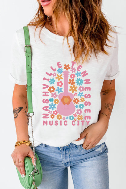 Floral Guitar Nashville Slogan Graphic T Shirt | White