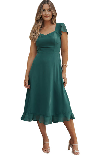 Shirred Open Back Sweetheart Neck Ruffled Midi Dress | Sea Green