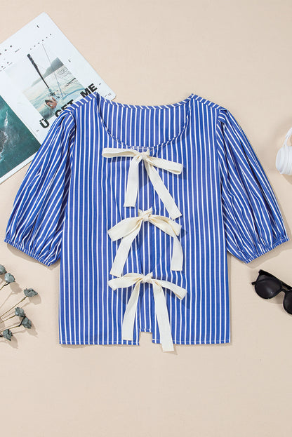 Tied Front Puff Short Sleeve Blouse | Blue Stripe