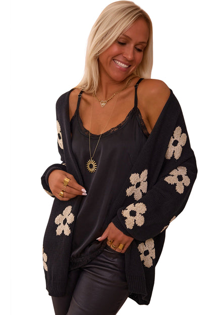 Floral Print Knitted Open Front Loose Cardigan | Black