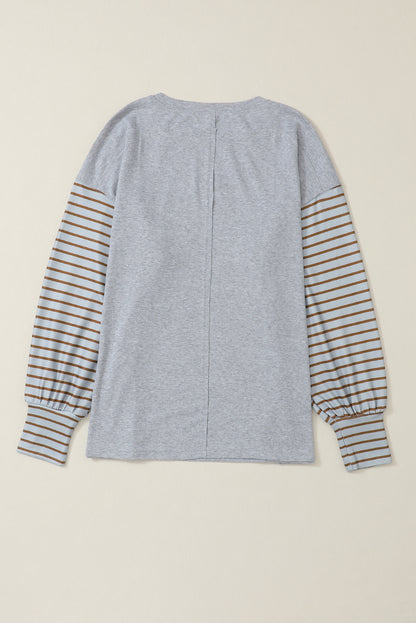 Colourblock Striped Bishop Sleeve Top | Gray