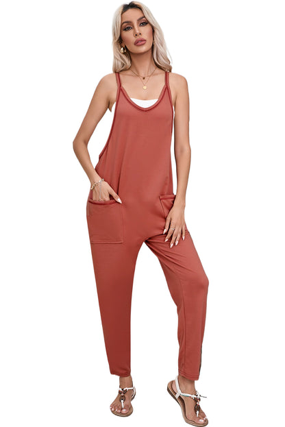 Side Pockets Harem Pants Sleeveless V Neck Jumpsuit | Gold Flame