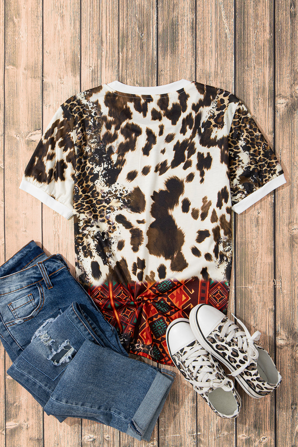 Cowboy Boots Graphic Bleached Leopard Aztec Print T Shirt | Dark Brown