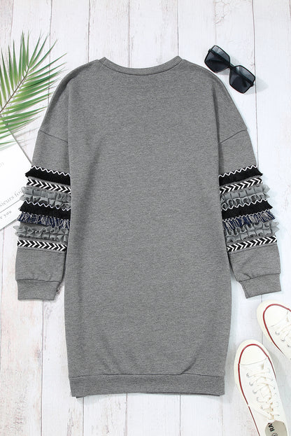 Printed Fringed Ruffled Accent Sweatshirt Dress | Dark Grey