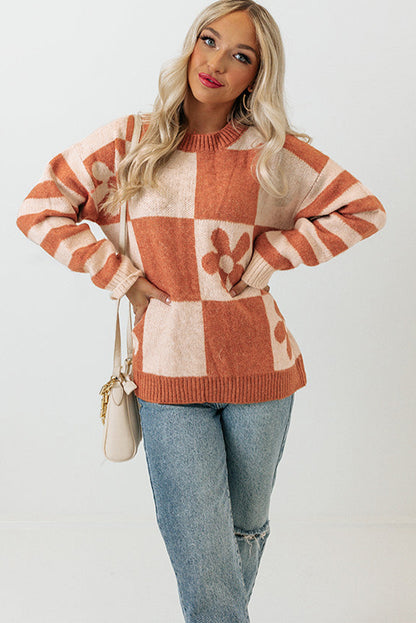 Checkered Floral Print Striped Sleeve Sweater | Brown