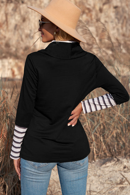 Striped Splicing High Neck Sweatshirt | Black