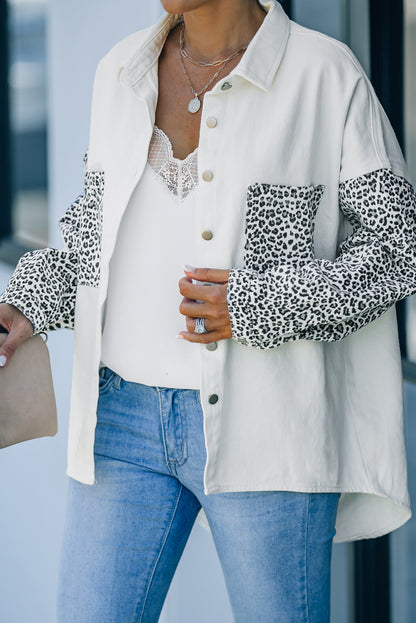 Contrast Leopard Denim Jacket | White