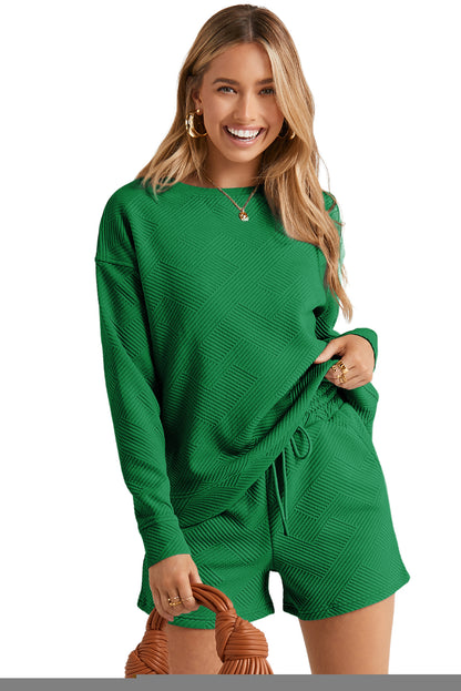 Textured Long Sleeve Top And Drawstring Shorts Set | Green