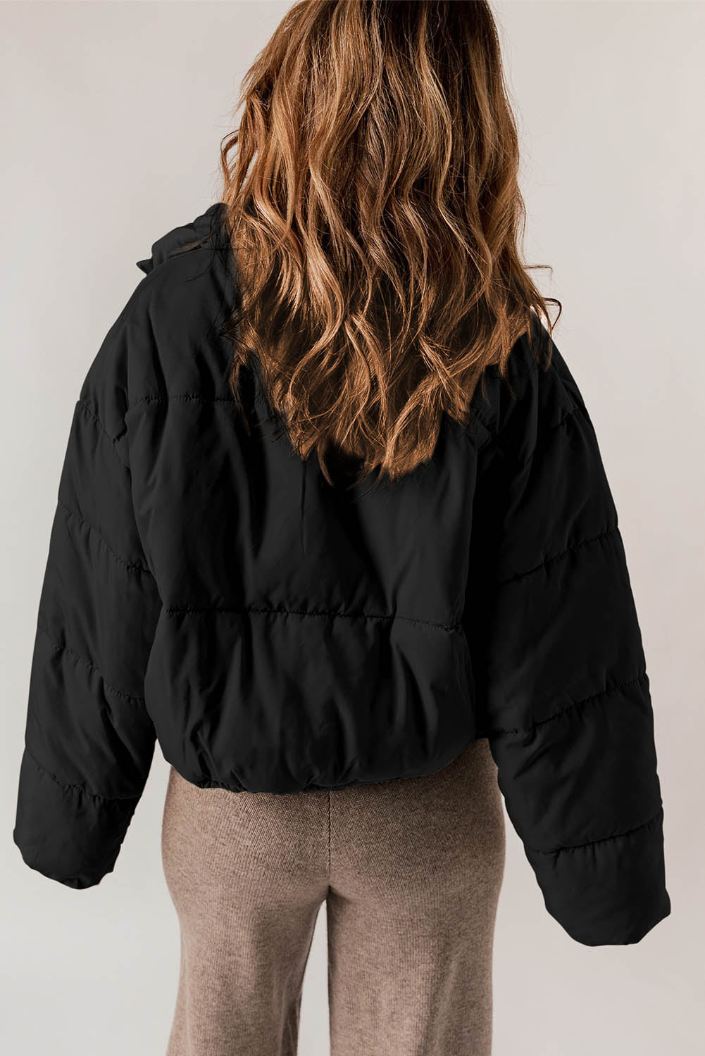 Zip Up Drawstring Hem Puffer Jackets | Black