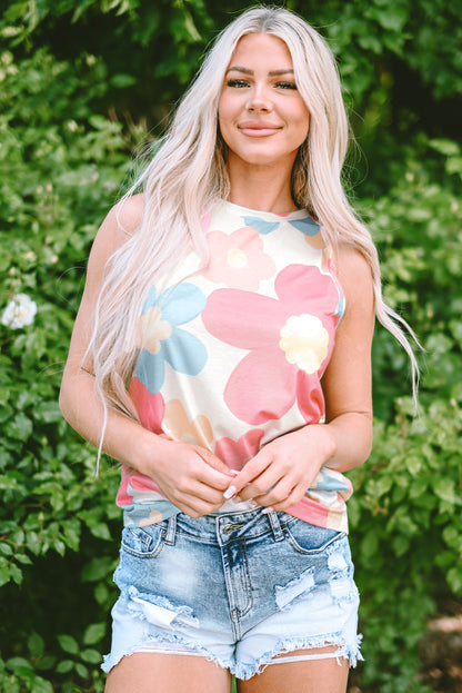 Floral Print Round Neck Sleeveless Top | Pink