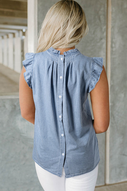 Frilly Pleated Button Back Retro Chambray Top | Beau Blue